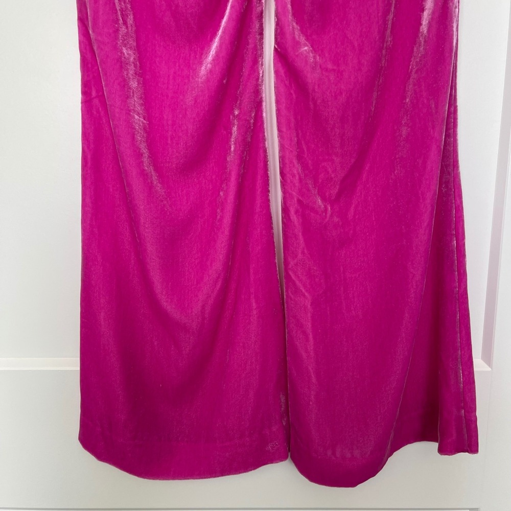 L'Agence Lane Flared‎ Trouser 2 Hot Pink Silk Blend Velvet Wide Leg French Chic - Picture 11 of 14